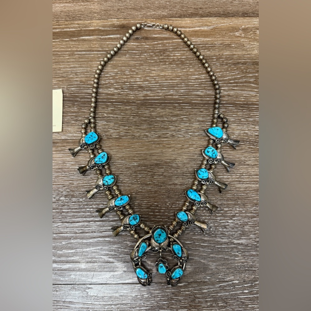 Vintage Navajo Squash Blossom Turquoise Sterling Silver Necklace